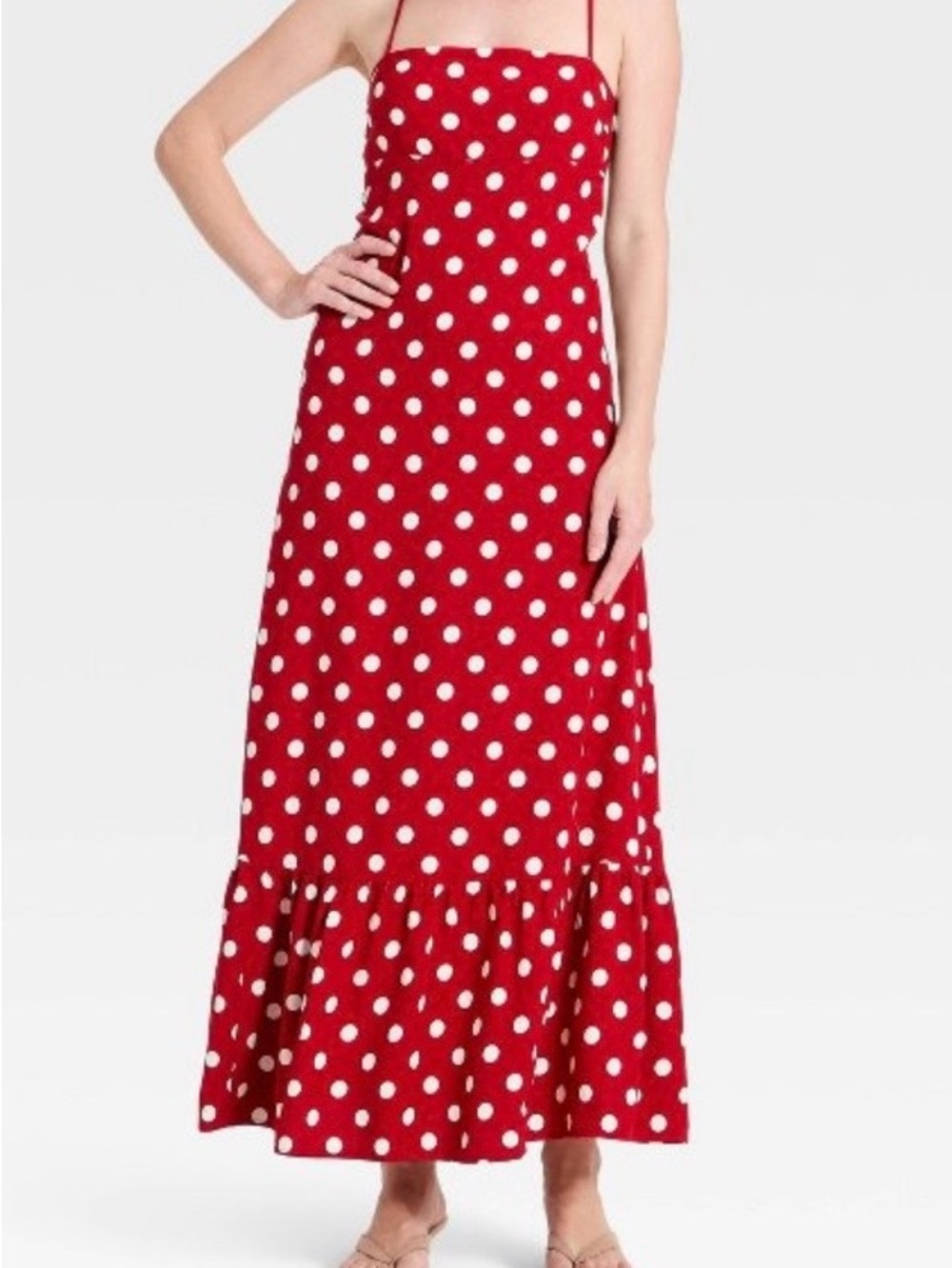 a new day Red and White Polka Dot Strapless Maxi Dress